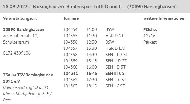 Auszug aus der Turnier-Datenbank des DTV